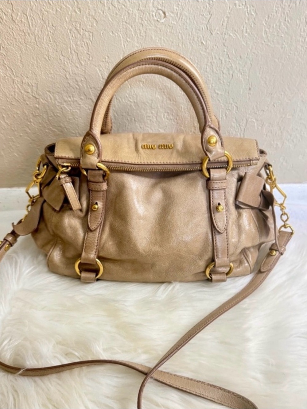 Miu Miu Tan Leather Satchel with Gold-Tone Hardware